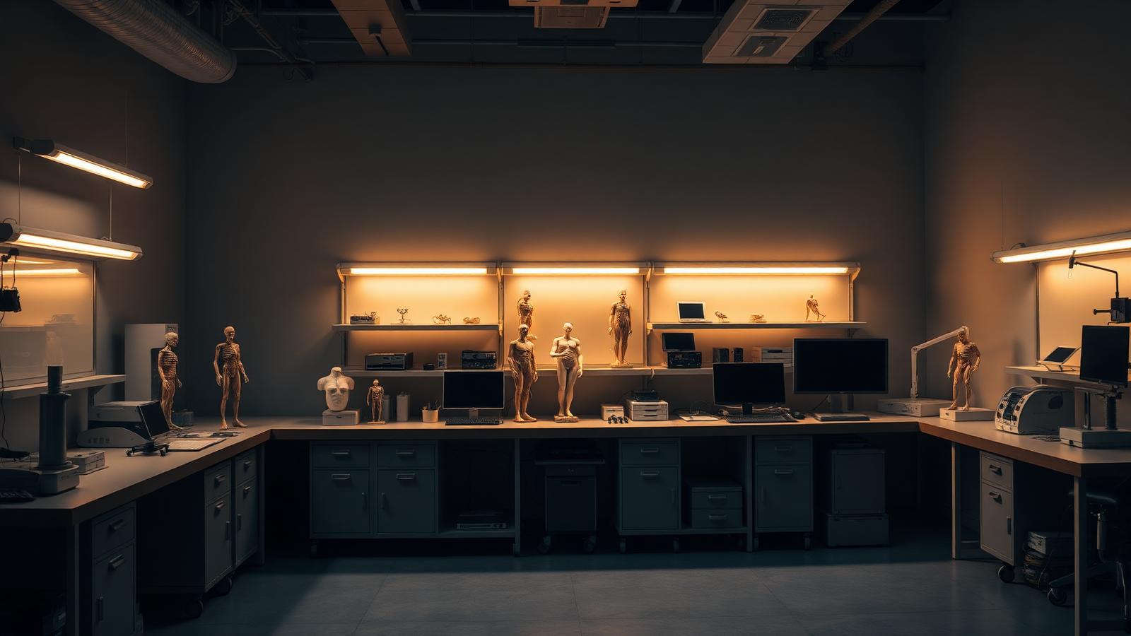 Laboratorio con modelos anatómicos, entrenadores y equipo de simulación